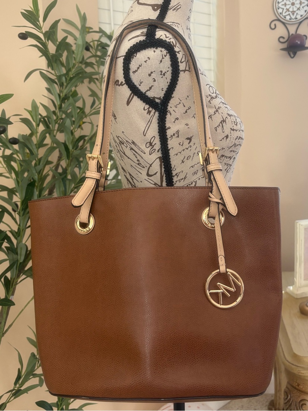 Michael Kors Brown Leather Tote with Cream Straps and Gold Hardware